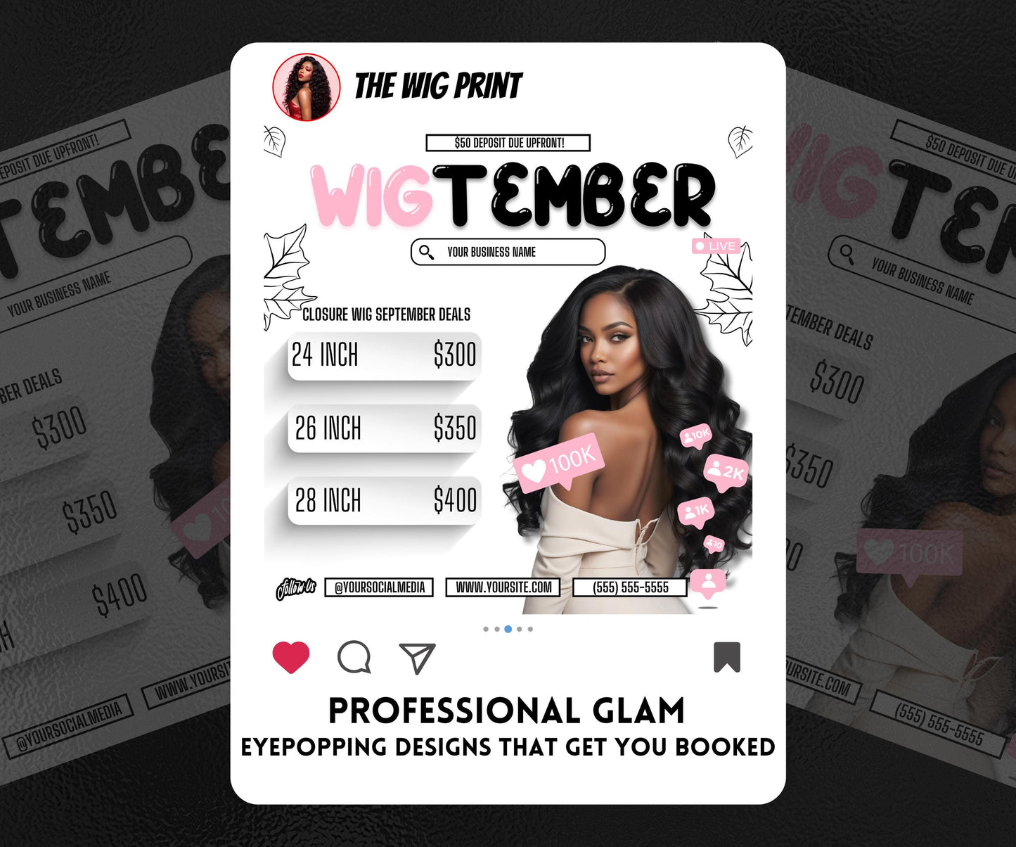 WigTember | 3 Wig Maker Flyers | Canva Template | Beauty Flyer | Wig Promo | Customizable | September Flyer | September Specials