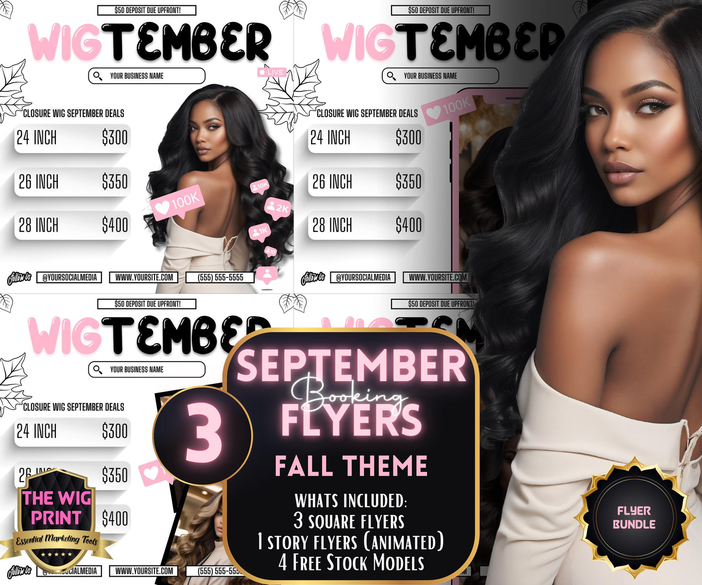 WigTember | 3 Wig Maker Flyers | Canva Template | Beauty Flyer | Wig Promo | Customizable | September Flyer | September Specials