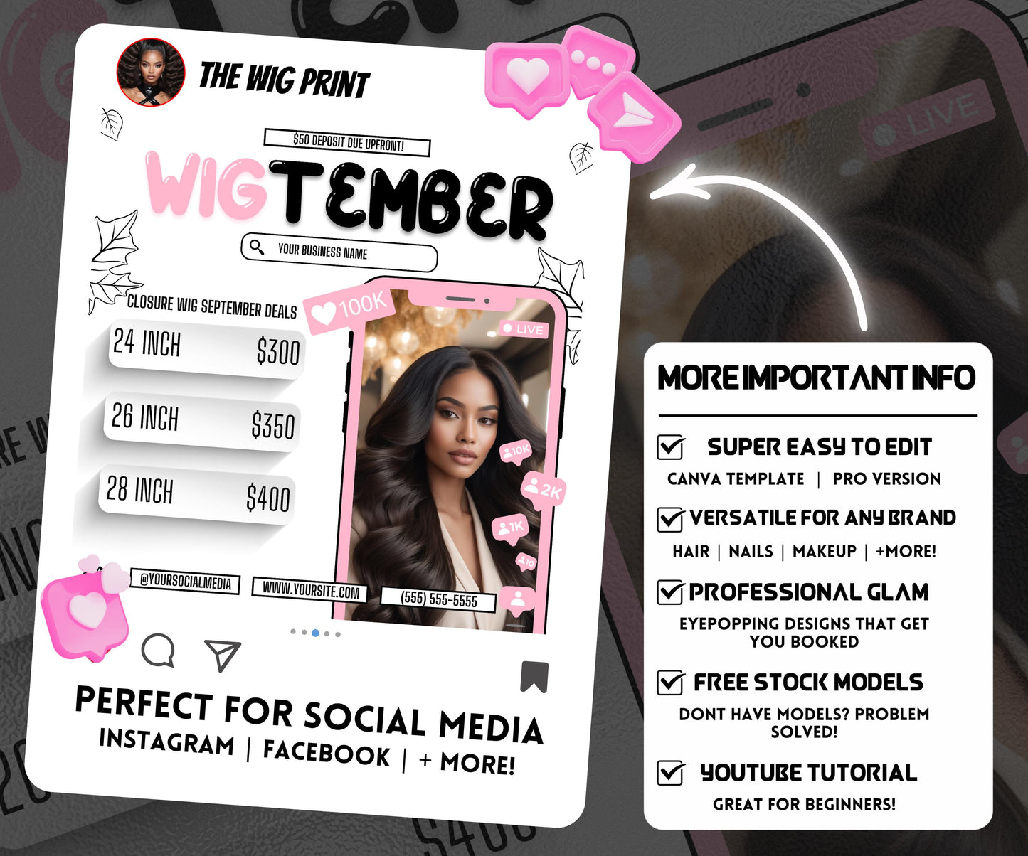 WigTember | Wig Maker Flyer | Canva Template | Beauty Flyer | Wig Promo | Customizable | September Flyer | September Specials