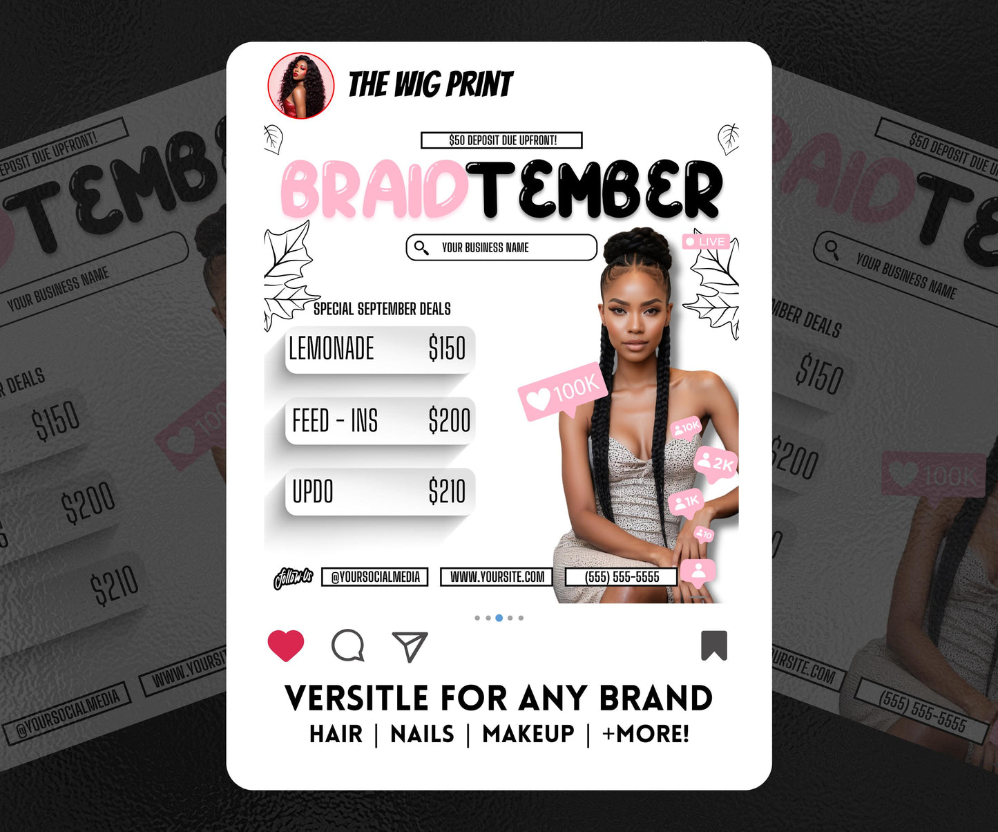 BraidTember | 3 Braider Flyers | Canva Template | Beauty Flyer | Braid Promo | Customizable | September Flyer | September Specials