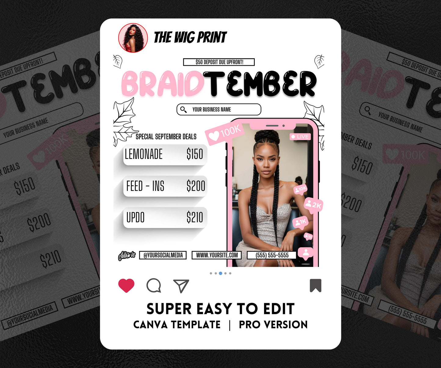 BraidTember | 3 Braider Flyers | Canva Template | Beauty Flyer | Braid Promo | Customizable | September Flyer | September Specials