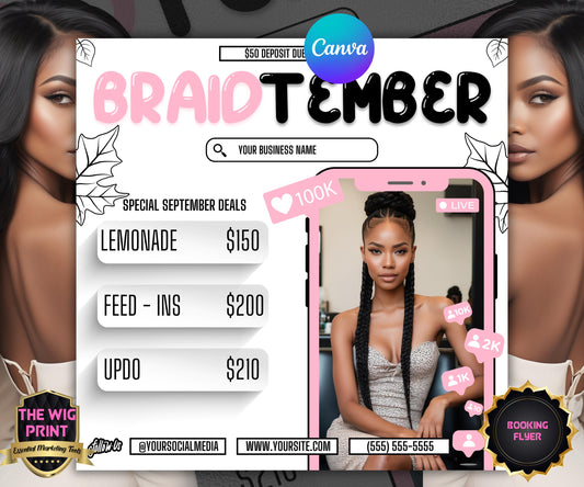 BraidTember | Braider Flyer | Canva Template | Beauty Flyer | Braid Promo | Customizable | September Flyer | September Specials