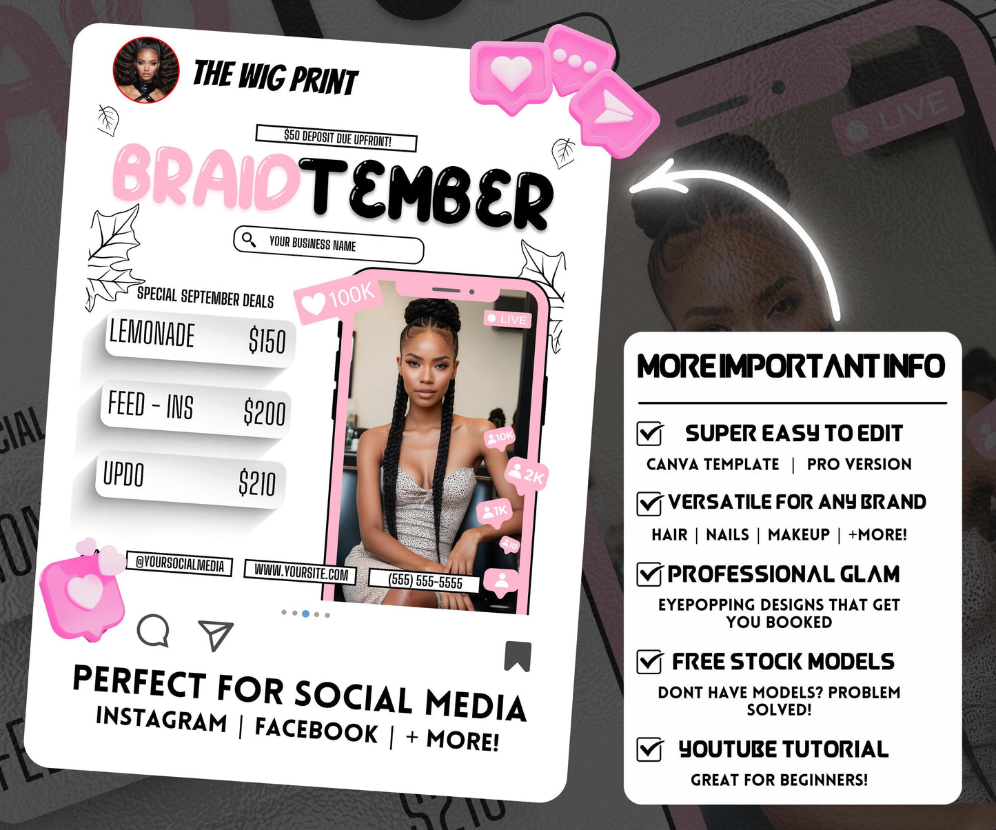 BraidTember | Braider Flyer | Canva Template | Beauty Flyer | Braid Promo | Customizable | September Flyer | September Specials