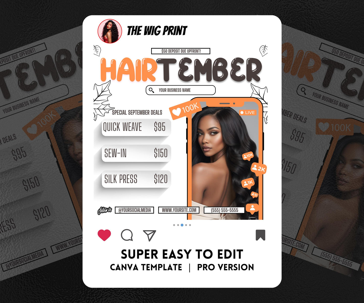 HairTember | 3 Hair Stylist Flyers | Canva Template | Beauty Flyer | Hair Promo | Customizable | September Flyer | September Specials