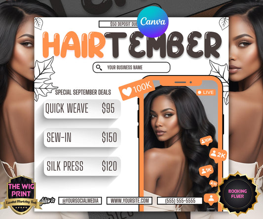 HairTember | Hair Stylist Flyer | Canva Template | Beauty Flyer | Hair Promo | Customizable | September Flyer | September Specials