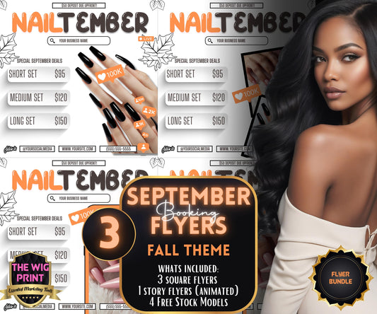 NailTember | 3 Nail Tech Flyers | Canva Template | Beauty Flyer | Nail Promo | Customizable | September Flyer | September Specials