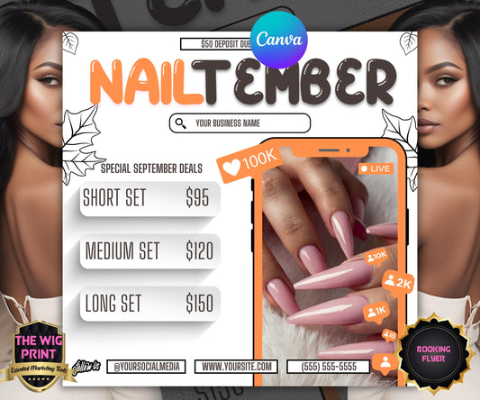 NailTember | Nail Tech Flyer | Canva Template | Beauty Flyer | Nail Promo | Customizable | September Flyer | September Specials