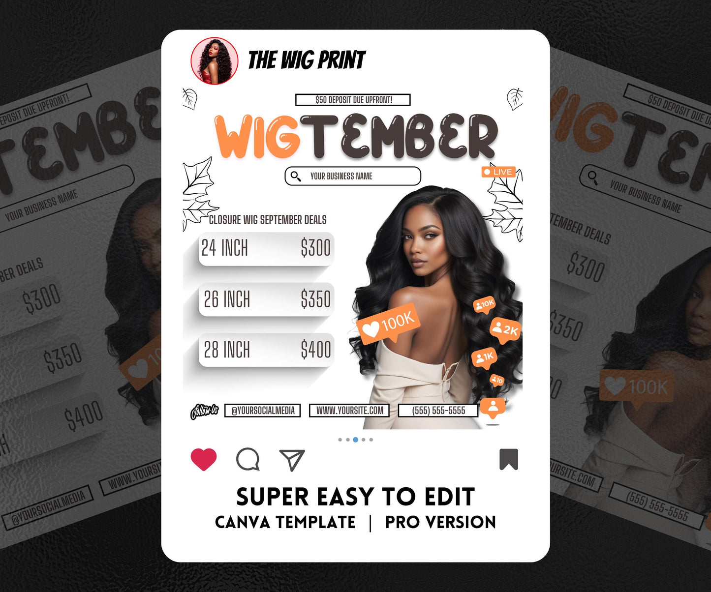 WigTember | 3 Wig Maker Flyers | Canva Template | Beauty Flyer | Wig Promo | Customizable | September Flyer | September Specials