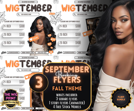 WigTember | 3 Wig Maker Flyers | Canva Template | Beauty Flyer | Wig Promo | Customizable | September Flyer | September Specials