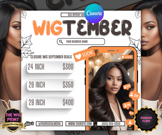 WigTember | Wig Maker Flyer | Canva Template | Beauty Flyer | Wig Promo | Customizable | September Flyer | September Specials