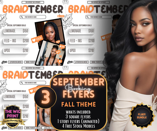 BraidTember | 3 Braider Flyers | Canva Template | Beauty Flyer | Braid Promo | Customizable | September Flyer | September Specials