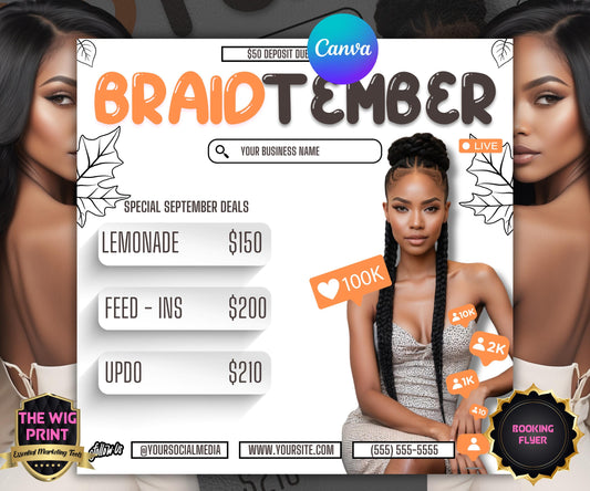 BraidTember | Braider Flyer | Canva Template | Beauty Flyer | Braid Promo | Customizable | September Flyer | September Specials