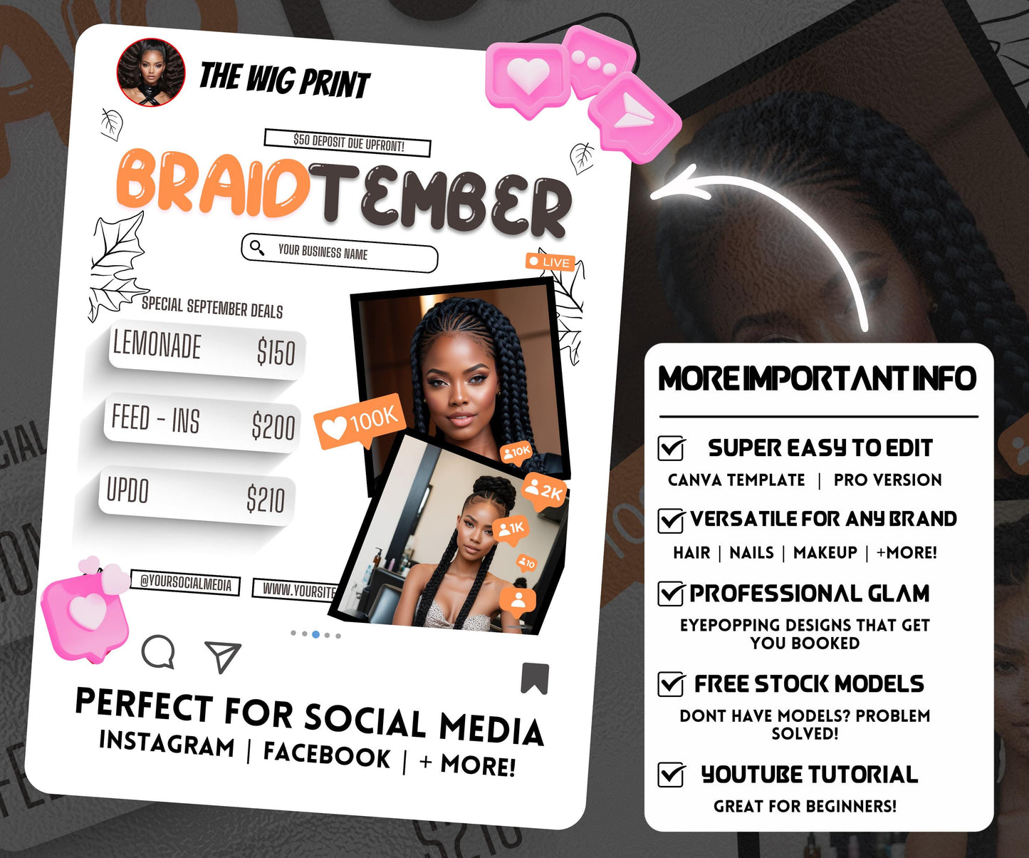 BraidTember | Braider Flyer | Canva Template | Beauty Flyer | Braid Promo | Customizable | September Flyer | September Specials