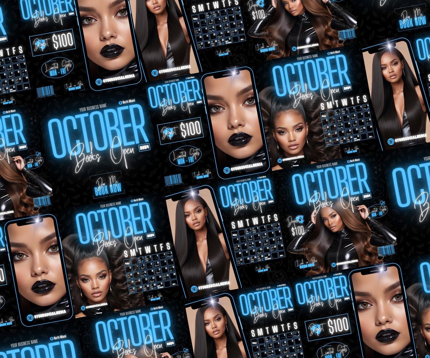 5 Neon Flyers | October Booking Flyers | Blue Theme