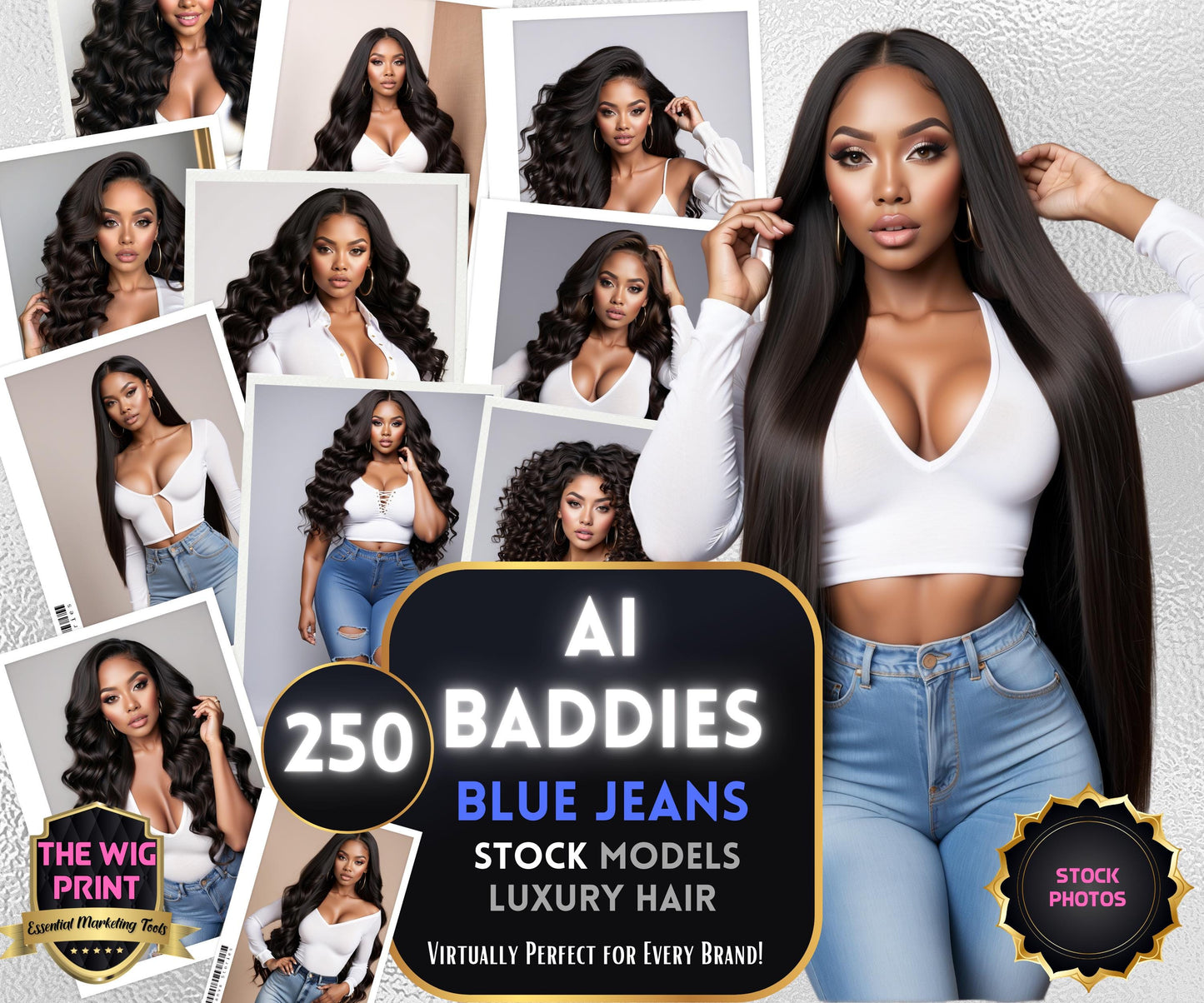 Ai Baddies Luxury Hair | 250 Models | Wearing Blue Jeans | UHD Hair Photography | Model Stock Photos | Ai Generated