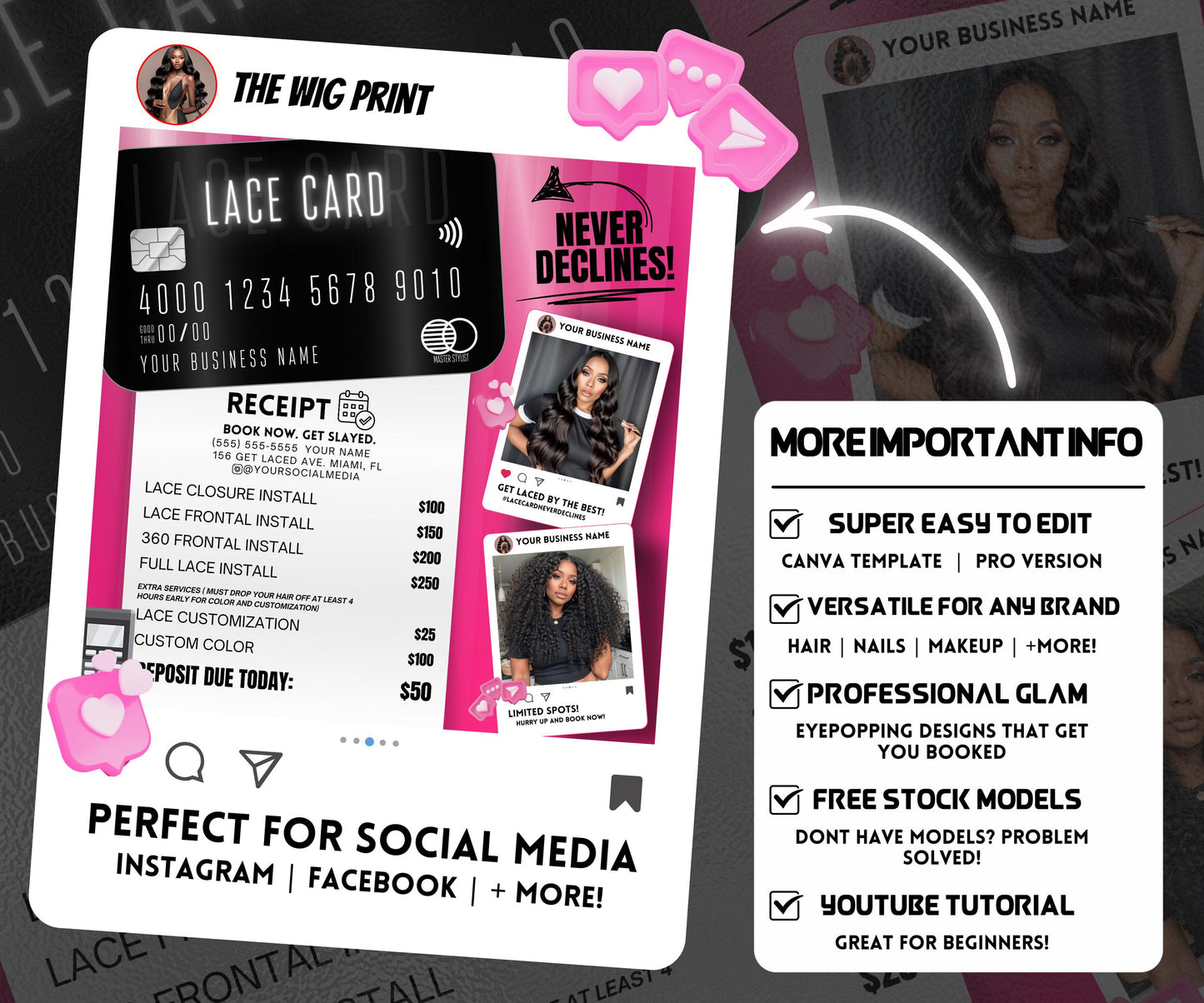 Lace Card Never Declines | Hair Stylist Flyer | Lace Artist Flyer | Canva Template | Beauty Flyer | Hair Promo | Customizable | Social Media