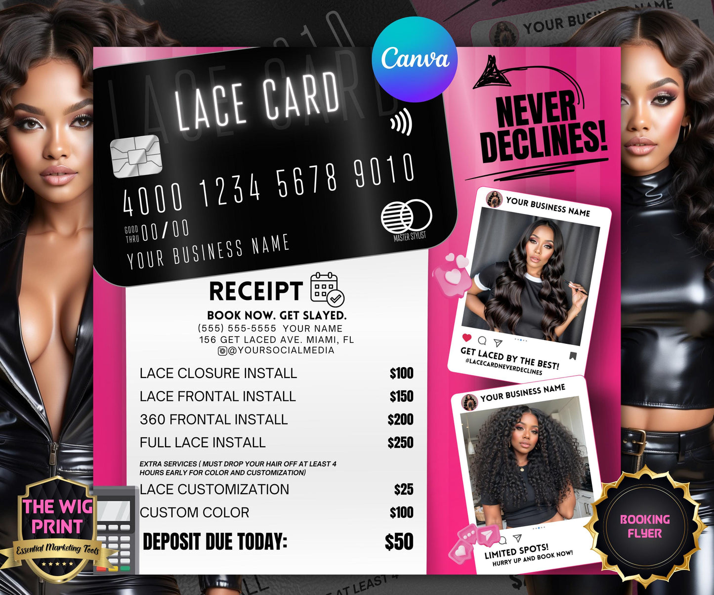 Lace Card Never Declines | Hair Stylist Flyer | Lace Artist Flyer | Canva Template | Beauty Flyer | Hair Promo | Customizable | Social Media