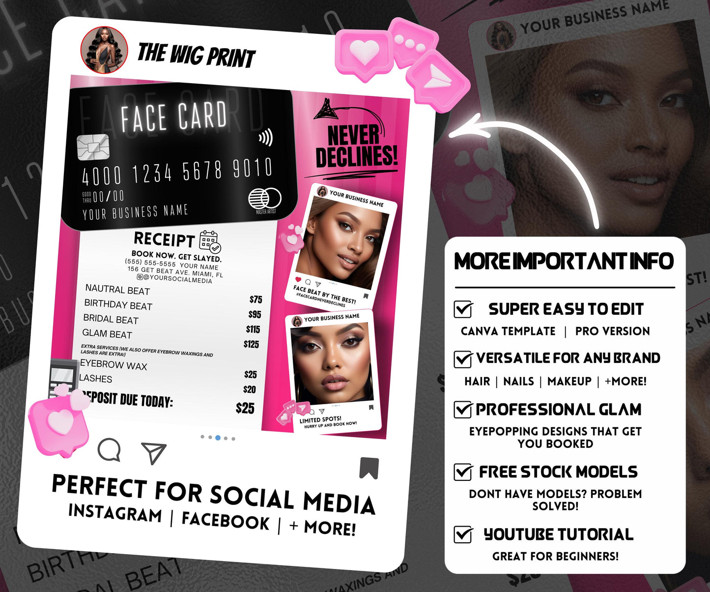 Face Card Never Declines | Makeup Artist Flyer | Make Up Design | Canva Template | Beauty Flyer | Makeup Promo | Customizable | Social Media