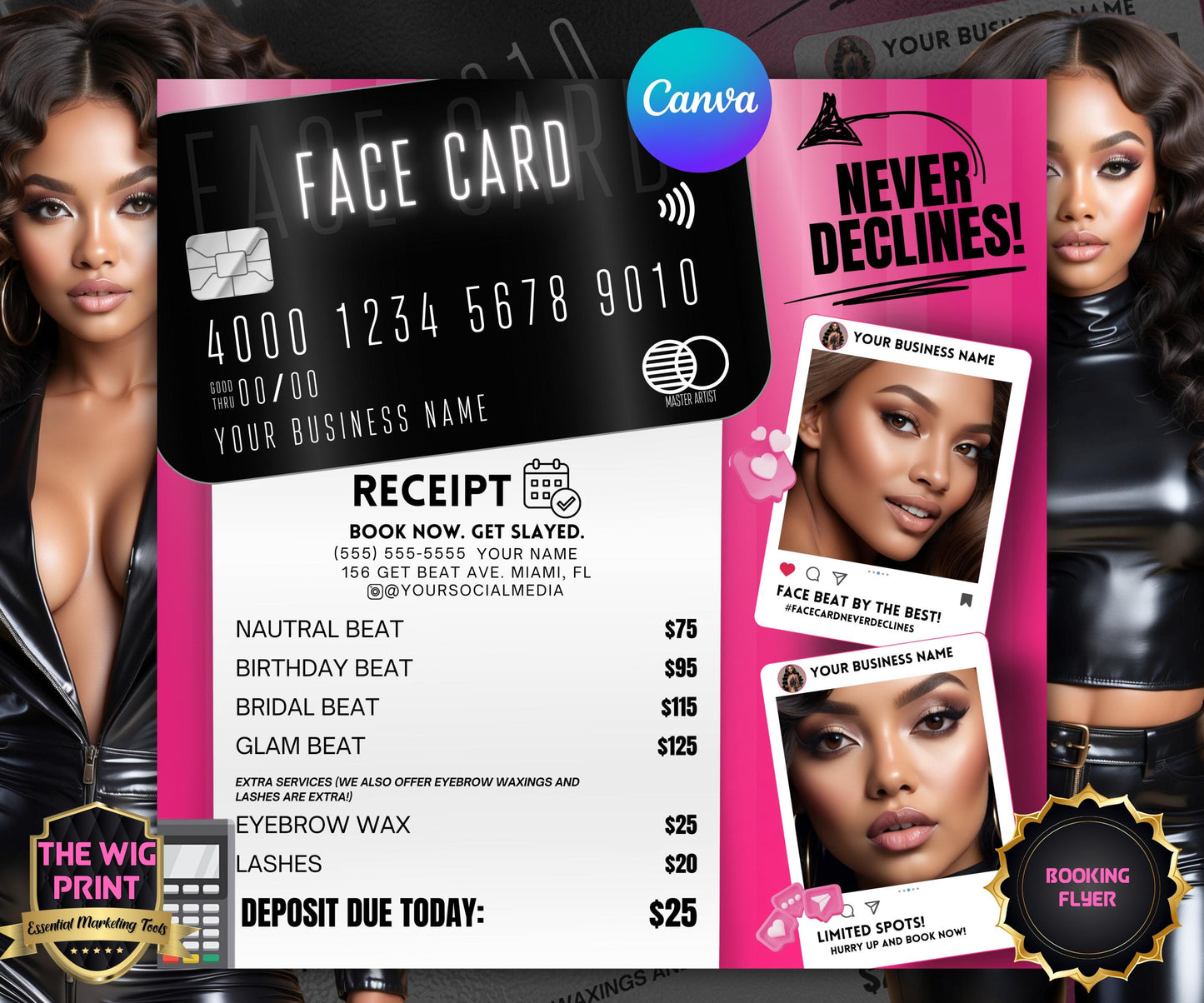 Face Card Never Declines | Makeup Artist Flyer | Make Up Design | Canva Template | Beauty Flyer | Makeup Promo | Customizable | Social Media