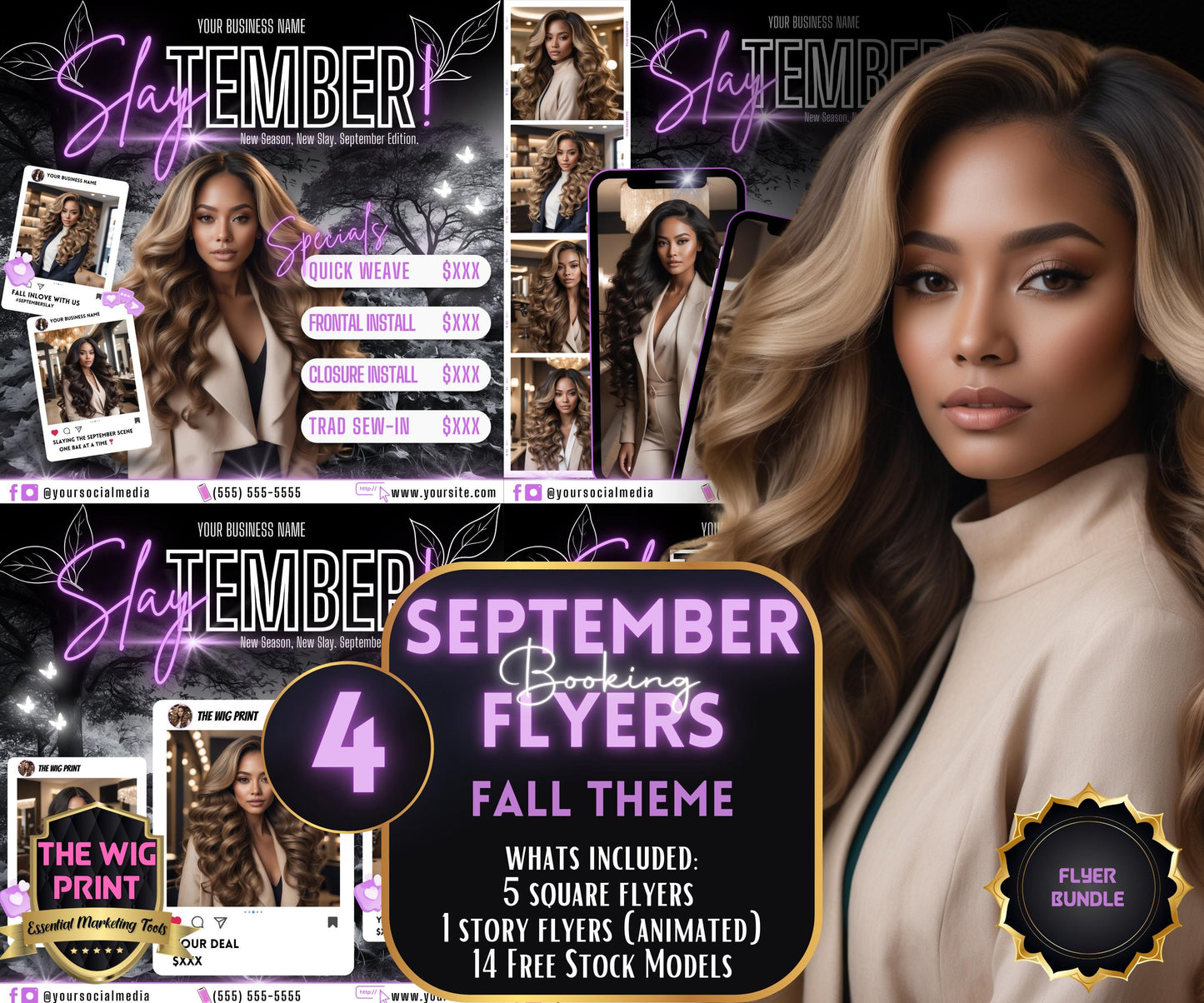 SlayTember | 4 September Booking Flyers | Purple Neon | Fall Theme | DIY | CANVA | Fall SZN | September Special | September Appointments