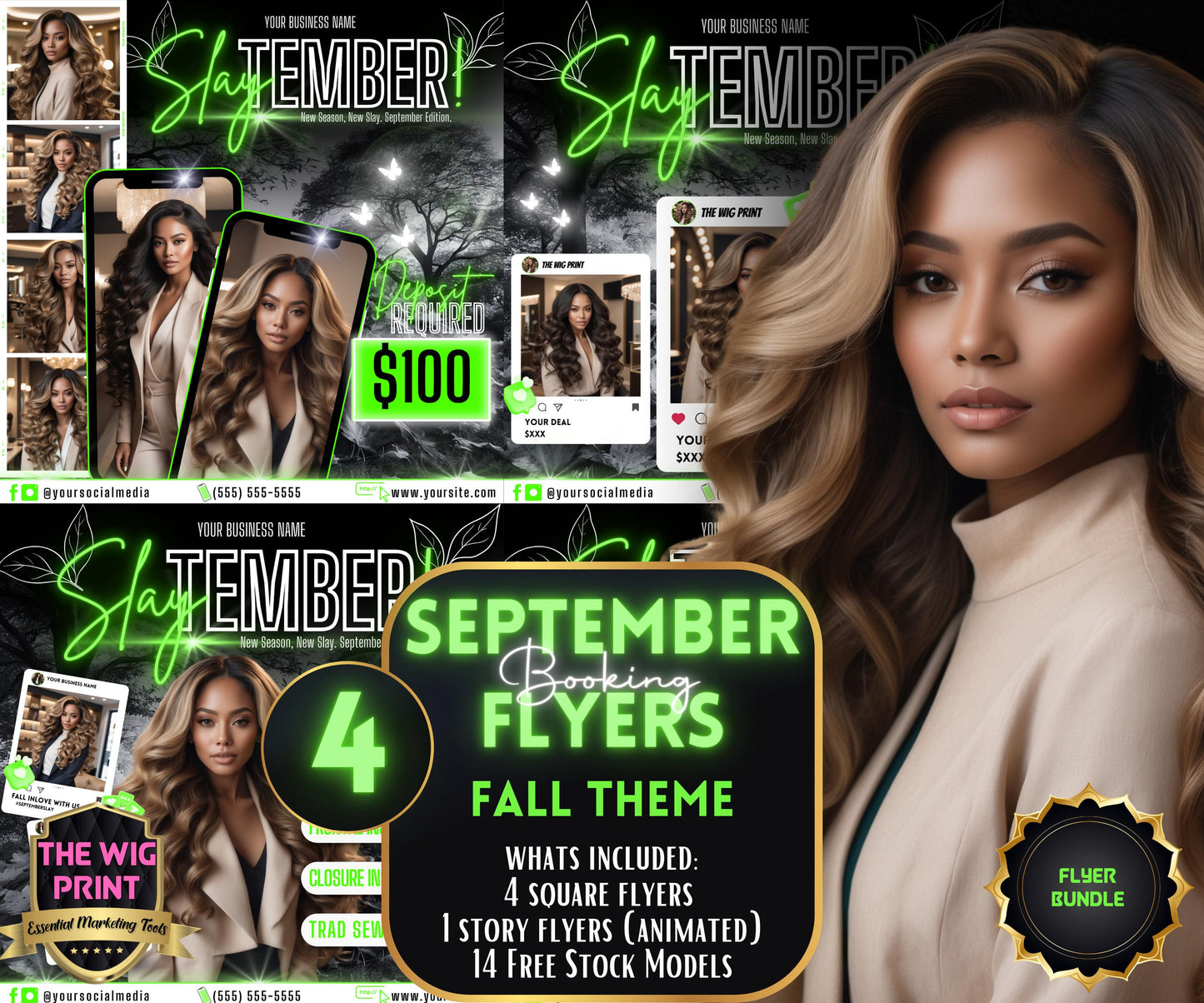 SlayTember | 4 September Booking Flyers | Green Neon | Fall Theme | DIY | CANVA | Fall SZN | September Special | September Appointments