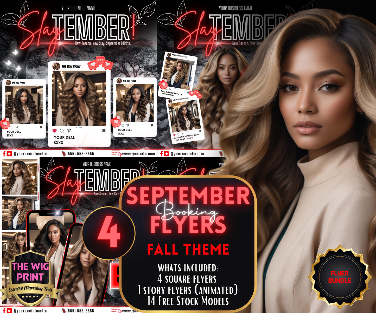 SlayTember | 4 September Booking Flyers | Red Neon | Fall Theme | DIY | CANVA | Fall SZN | September Special | September Appointments