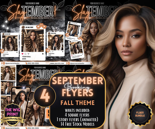 SlayTember | 4 September Booking Flyers | Orange Neon | Fall Theme | DIY | CANVA | Fall SZN | September Special | September Appointments