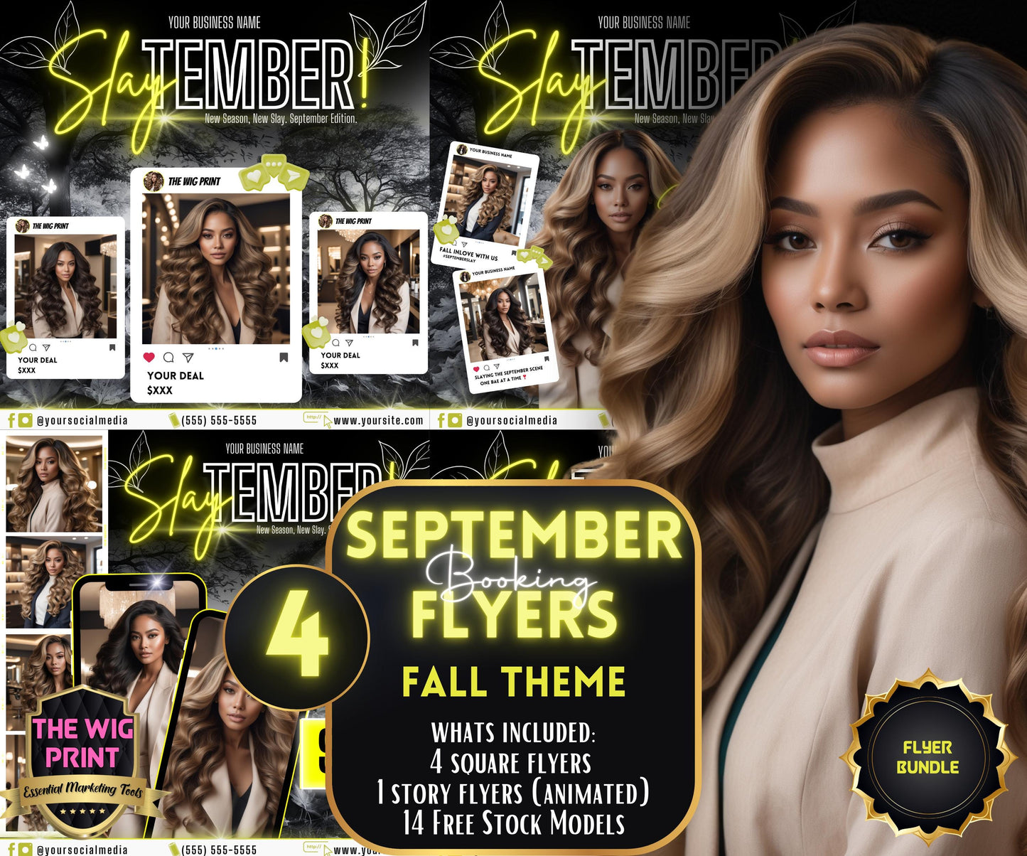 SlayTember | 4 September Booking Flyers | Yellow Neon | Fall Theme | DIY | CANVA | Fall SZN | September Special | September Appointments