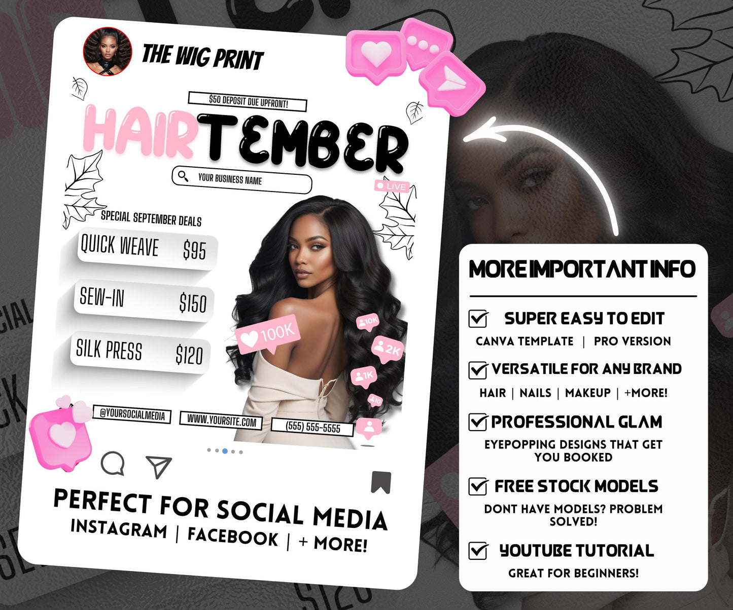 HairTember | Hair Stylist Flyer | Canva Template | Beauty Flyer | Hair Promo | Customizable | September Flyer | September Specials