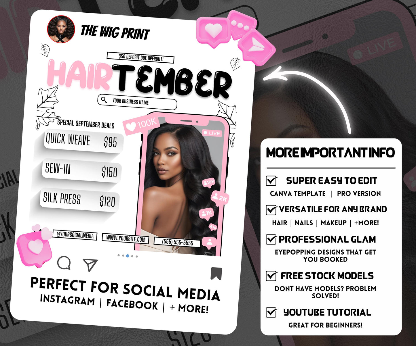 HairTember | Hair Stylist Flyer | Canva Template | Beauty Flyer | Hair Promo | Customizable | September Flyer | September Specials