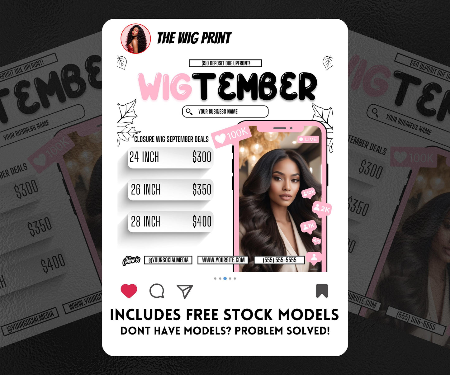 WigTember | 3 Wig Maker Flyers | Canva Template | Beauty Flyer | Wig Promo | Customizable | September Flyer | September Specials