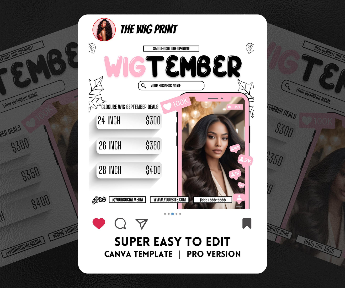 WigTember | 3 Wig Maker Flyers | Canva Template | Beauty Flyer | Wig Promo | Customizable | September Flyer | September Specials