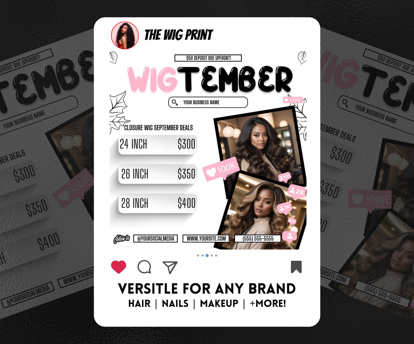 WigTember | 3 Wig Maker Flyers | Canva Template | Beauty Flyer | Wig Promo | Customizable | September Flyer | September Specials