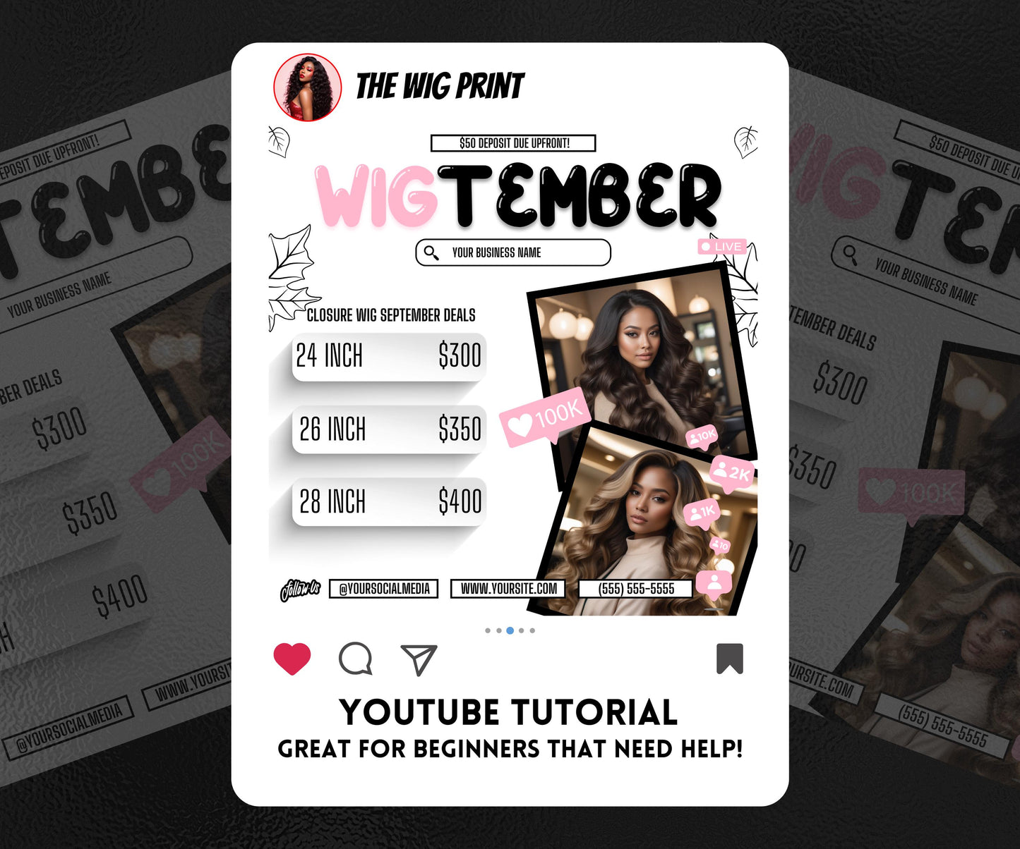 WigTember | 3 Wig Maker Flyers | Canva Template | Beauty Flyer | Wig Promo | Customizable | September Flyer | September Specials