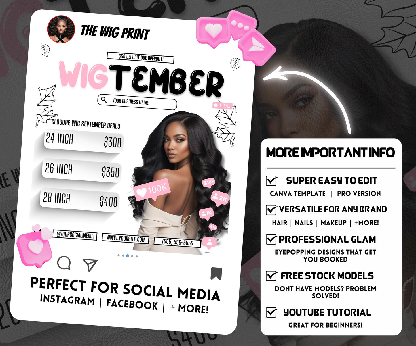 WigTember | Wig Maker Flyer | Canva Template | Beauty Flyer | Wig Promo | Customizable | September Flyer | September Specials