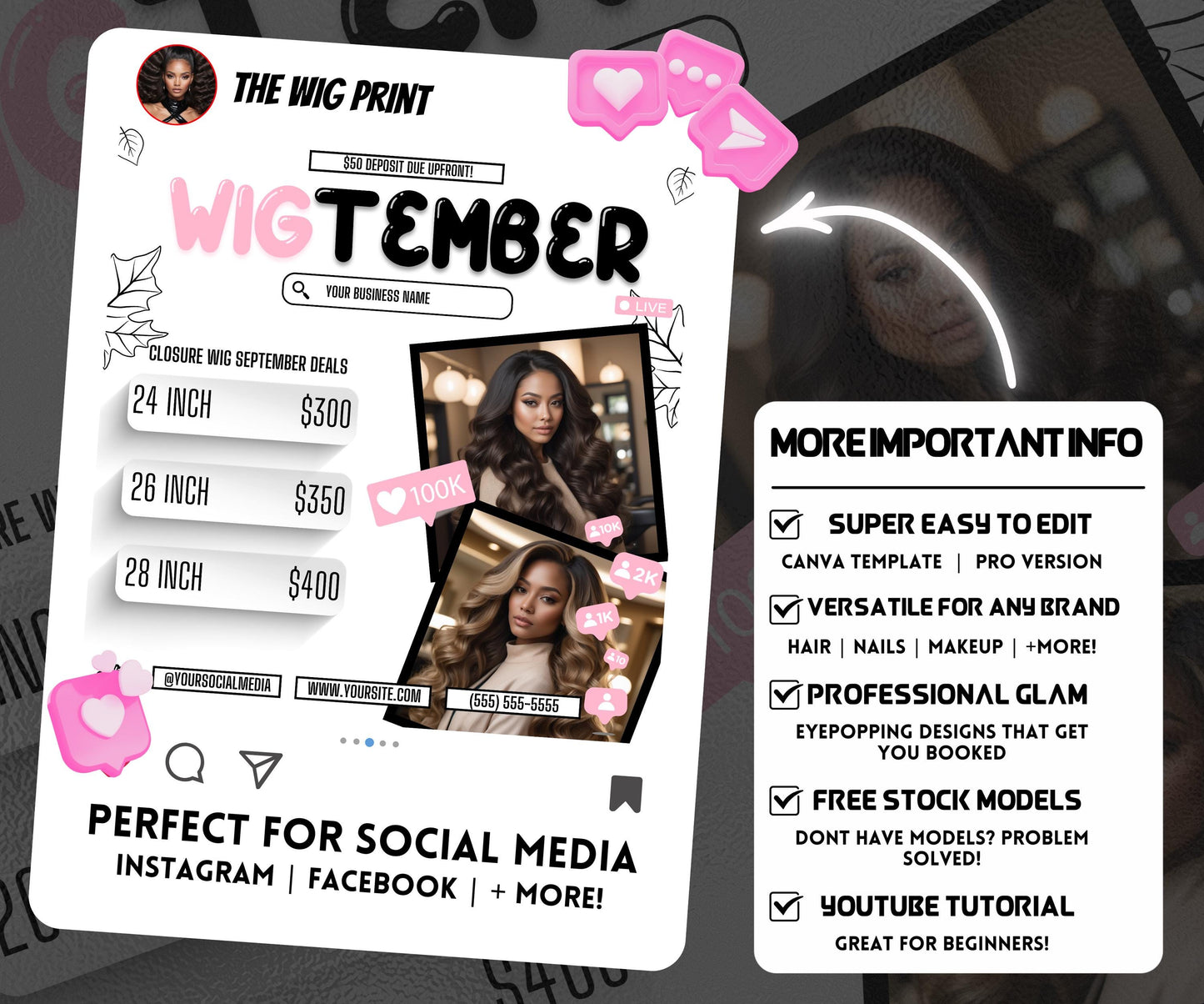 WigTember | Wig Maker Flyer | Canva Template | Beauty Flyer | Wig Promo | Customizable | September Flyer | September Specials