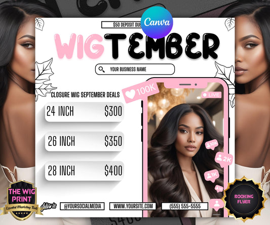 WigTember | Wig Maker Flyer | Canva Template | Beauty Flyer | Wig Promo | Customizable | September Flyer | September Specials