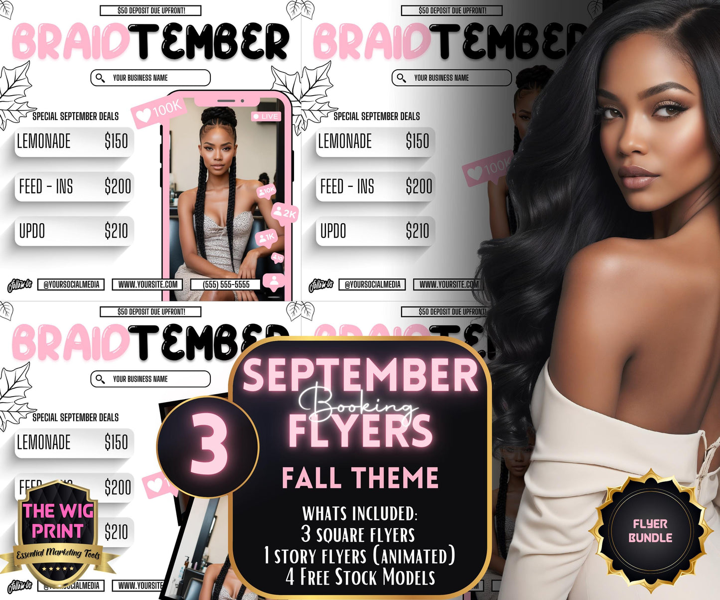 BraidTember | 3 Braider Flyers | Canva Template | Beauty Flyer | Braid Promo | Customizable | September Flyer | September Specials