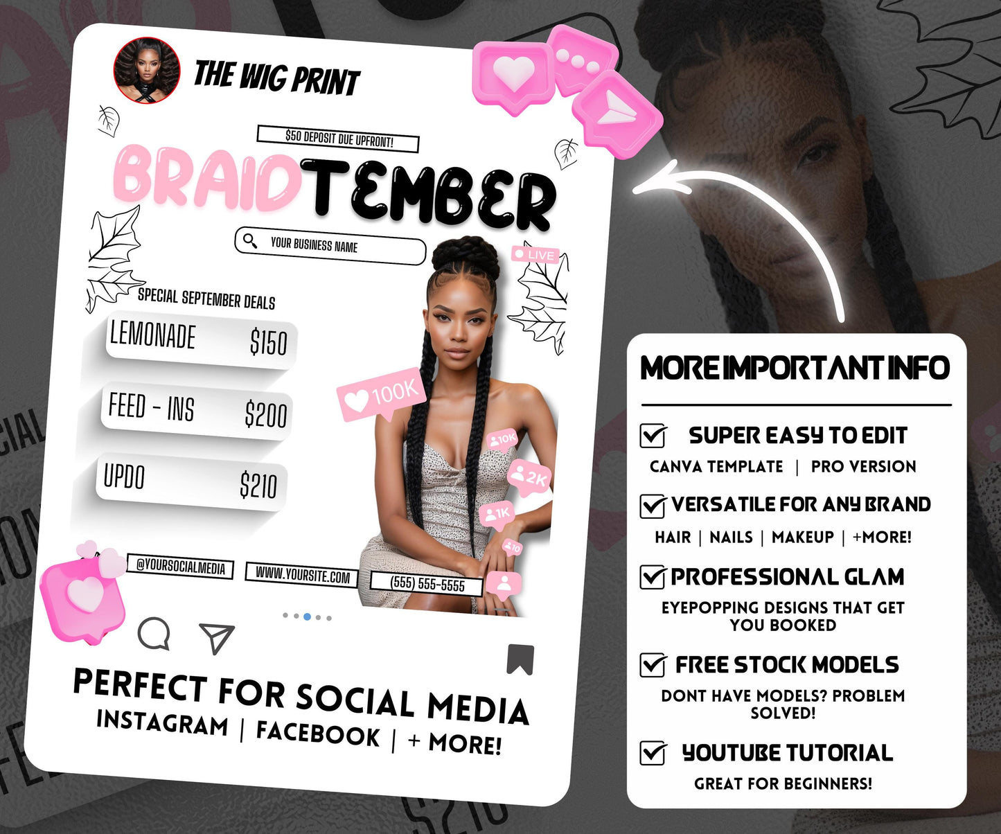 BraidTember | Braider Flyer | Canva Template | Beauty Flyer | Braid Promo | Customizable | September Flyer | September Specials