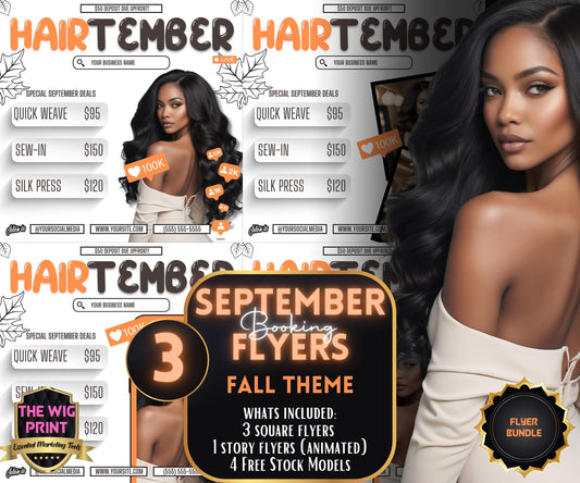 HairTember | 3 Hair Stylist Flyers | Canva Template | Beauty Flyer | Hair Promo | Customizable | September Flyer | September Specials