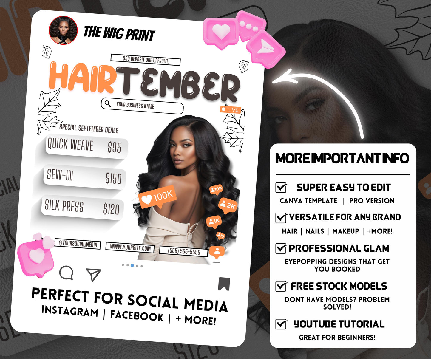 HairTember | Hair Stylist Flyer | Canva Template | Beauty Flyer | Hair Promo | Customizable | September Flyer | September Specials