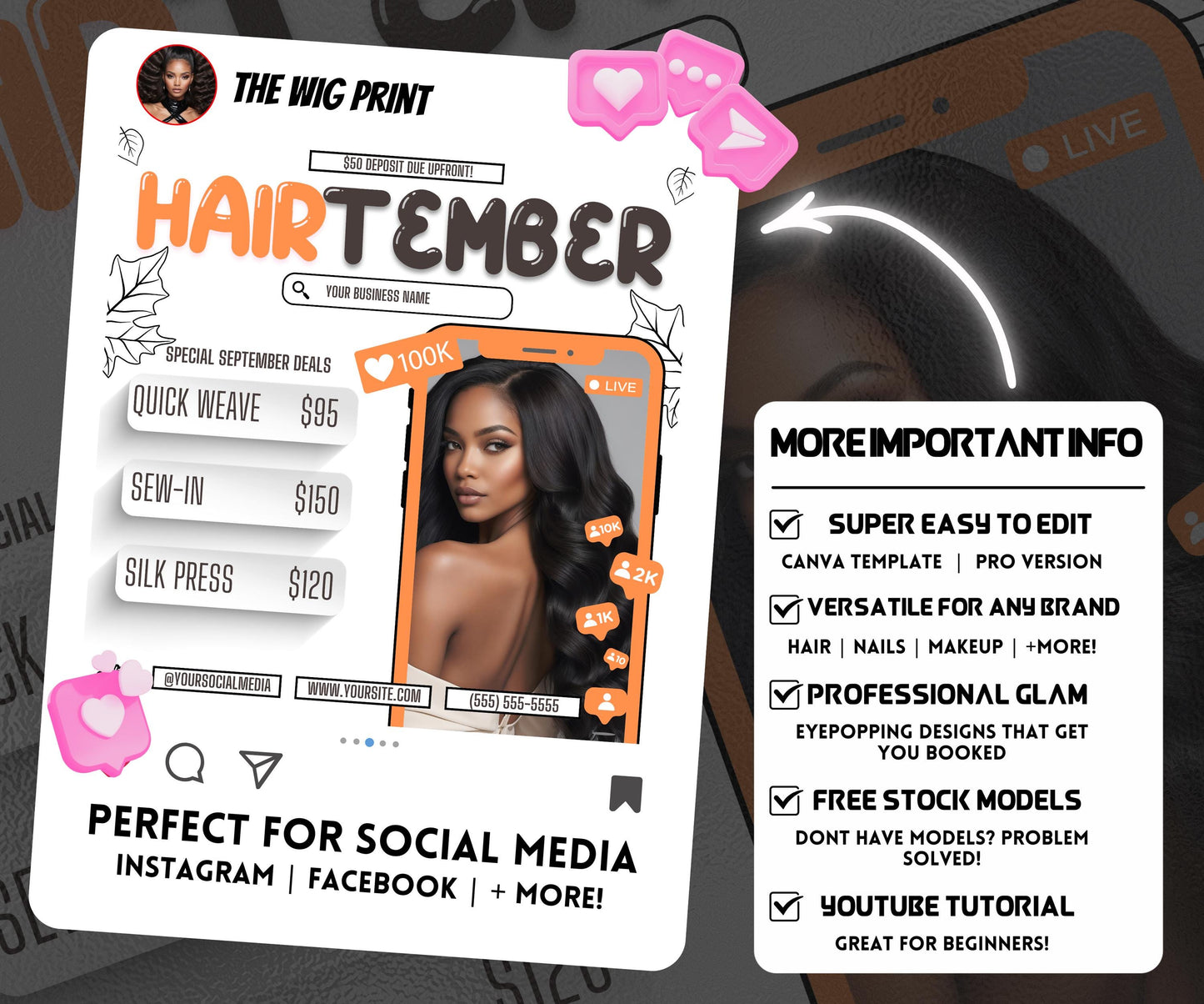 HairTember | Hair Stylist Flyer | Canva Template | Beauty Flyer | Hair Promo | Customizable | September Flyer | September Specials