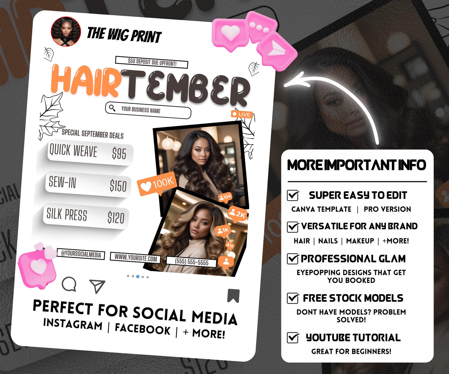 HairTember | Hair Stylist Flyer | Canva Template | Beauty Flyer | Hair Promo | Customizable | September Flyer | September Specials