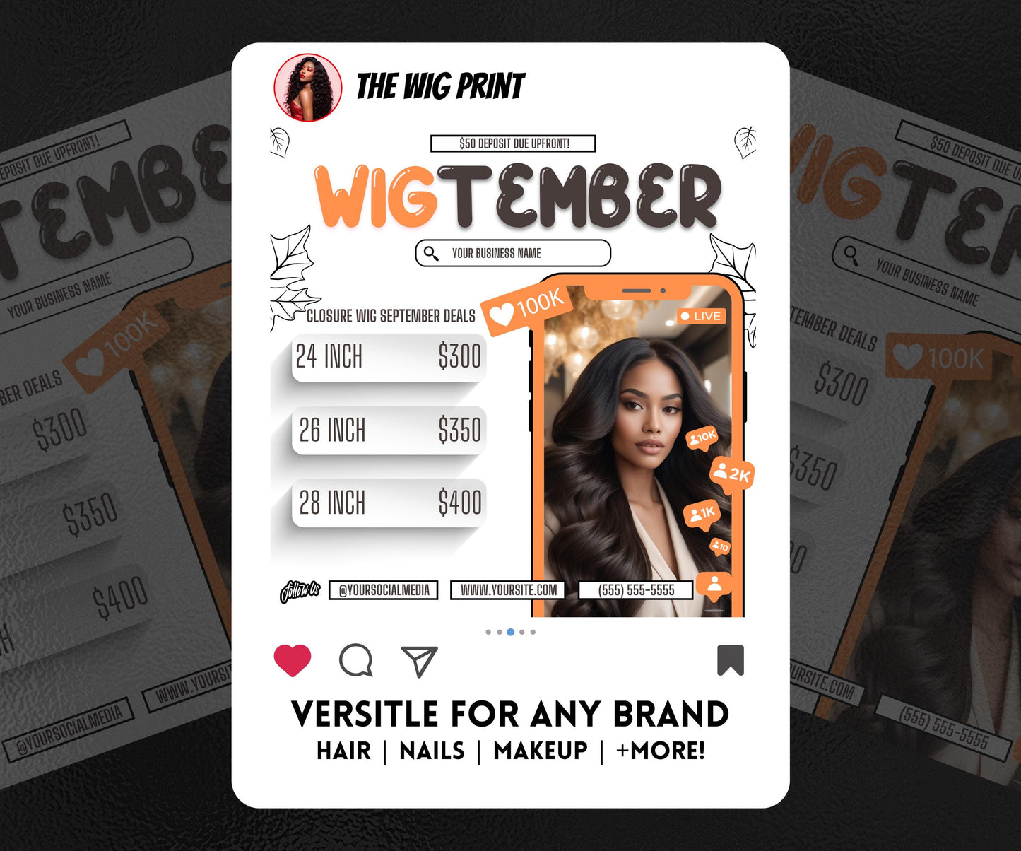 WigTember | 3 Wig Maker Flyers | Canva Template | Beauty Flyer | Wig Promo | Customizable | September Flyer | September Specials