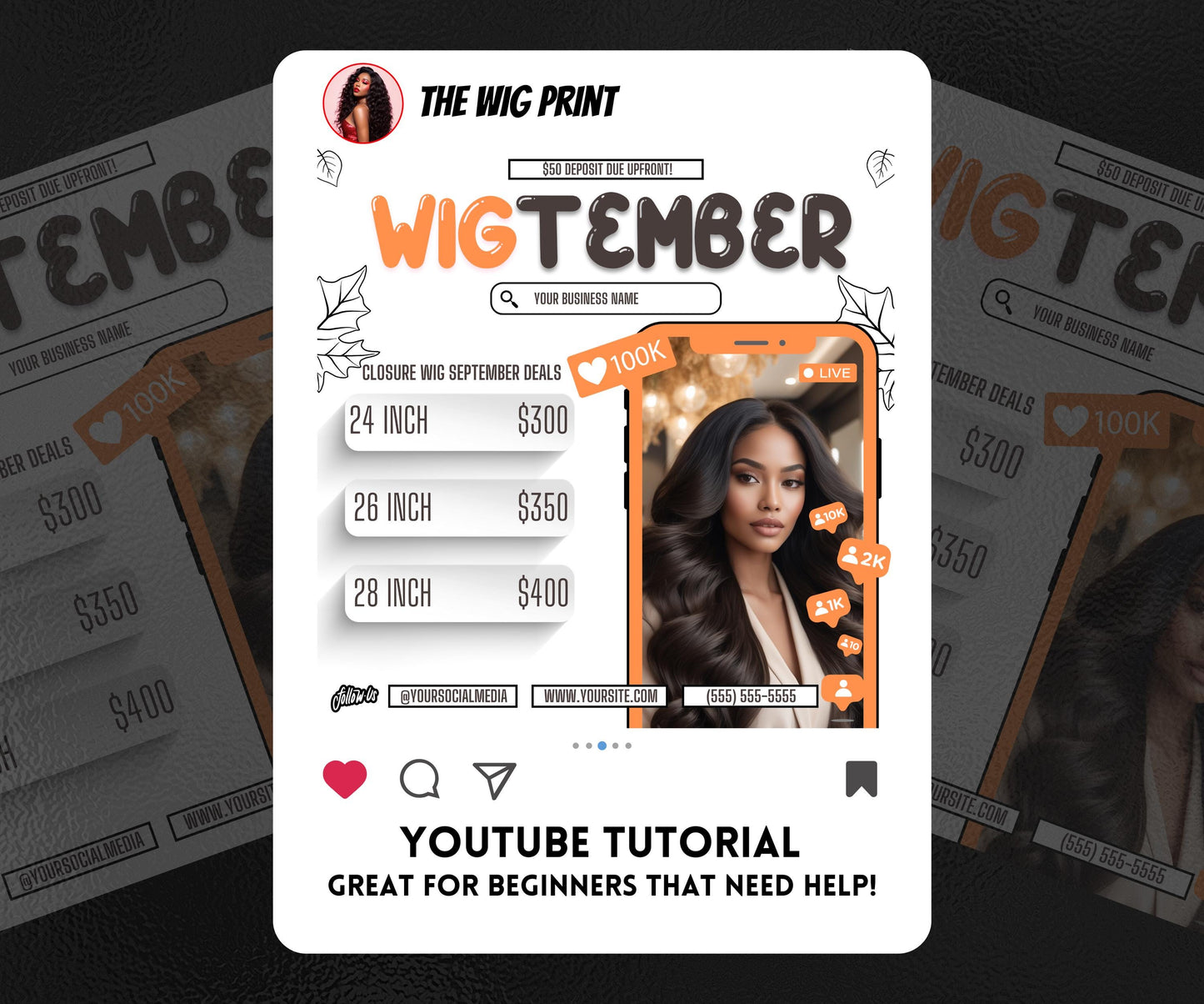 WigTember | 3 Wig Maker Flyers | Canva Template | Beauty Flyer | Wig Promo | Customizable | September Flyer | September Specials