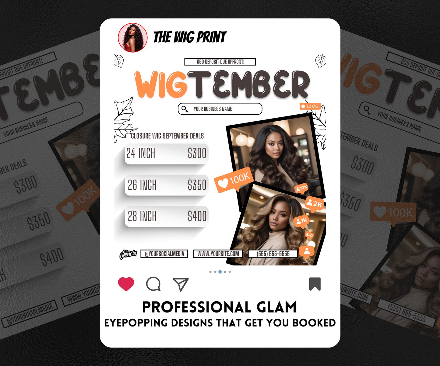 WigTember | 3 Wig Maker Flyers | Canva Template | Beauty Flyer | Wig Promo | Customizable | September Flyer | September Specials