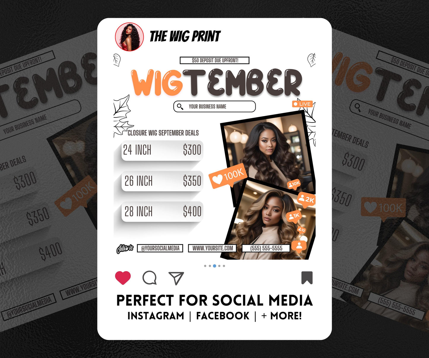 WigTember | 3 Wig Maker Flyers | Canva Template | Beauty Flyer | Wig Promo | Customizable | September Flyer | September Specials