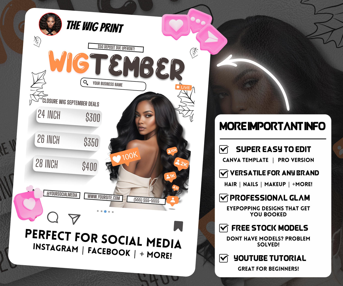 WigTember | Wig Maker Flyer | Canva Template | Beauty Flyer | Wig Promo | Customizable | September Flyer | September Specials