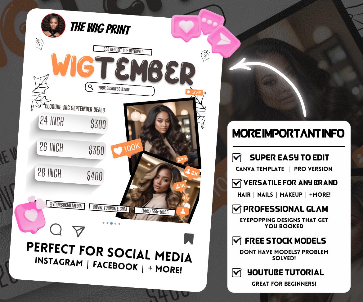 WigTember | Wig Maker Flyer | Canva Template | Beauty Flyer | Wig Promo | Customizable | September Flyer | September Specials