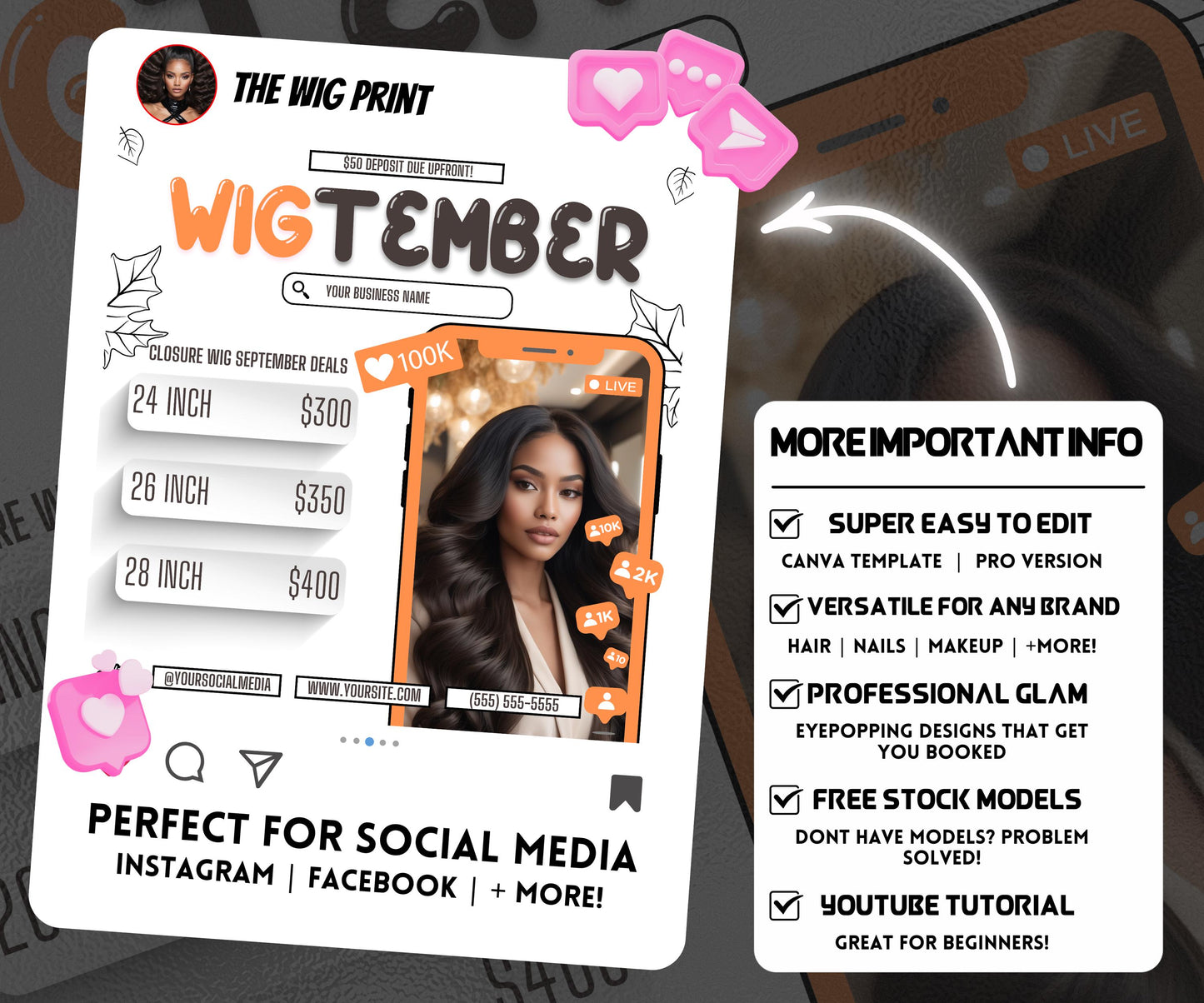 WigTember | Wig Maker Flyer | Canva Template | Beauty Flyer | Wig Promo | Customizable | September Flyer | September Specials